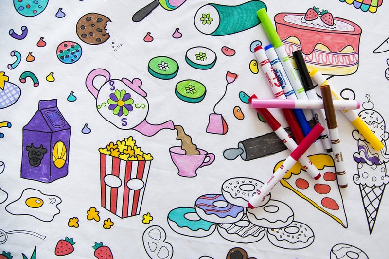 The Coloring Table Food Fun Design â€“ Rectangle Tablecloth 60â€X84â€ - Interactive Coloring Tablecloth for Kids â€“ Poly/Cotton Fabric - Washable and Reusable â€“ DIY Activity for Children and Adults - Image 1